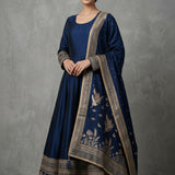 Deep Navy Blue Silk Traditional Bridal Gown With Gold Embroidered Shikargah Dupatta