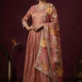 Dusty Rose Mauve Silk Anarkali Set With Multi-Color Floral Print & Gold Border