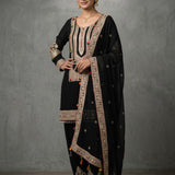 Jet Black Cotton Sharara Set With Gold Embroidered Yoke & Colorful Tassel Dupatta