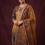 Gold Earthy Multi-Color Paisley Straight Kurti With Border Highlight & Churidar Set