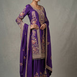 Deep Purple Cotton Palazzo Set With Gold Embroidered Floral & Heavy Border Dupatta