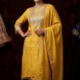 Bright Golden Yellow Straight Kurti With Gold Embroidered Yoke & Straight Pant Set