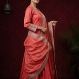 Coral Peach Silk Anarkali Set With Gota Border Embroidery