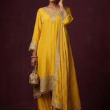 Bright Golden Yellow Cotton Sharara Set With Embroidered Border & All-Over Print Dupatta
