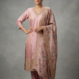 Pastel Pink Tissue Straight Kurti With Embroidered V-Neckline & Floral Dupatta