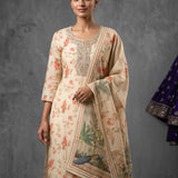 Cream Beige Cotton Kurti With Hand-Painted Kalamkari Floral & Peacock Printed Dupatta