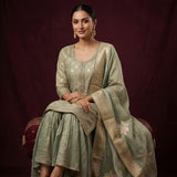 Sage Beige Cotton Palazzo Set With Embroidered Butti & Floral Dupatta