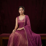 Deep Burgundy Silk Anarkali Set With Gold Butti Embroidery & Scoop Neckline