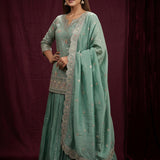 Sage Green Straight Kurti With Embroidered Floral Butti & Palazzo Set