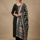Black Cotton Embroidered Straight Cut Suit With Geometric Print Dupatta