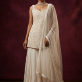 Cream White Georgette Palazzo Set With Chikankari Embroidered Blouse & Shawl