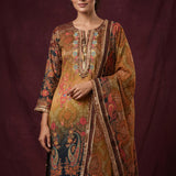 Gold Earthy Multi-Color Paisley Straight Kurti With Border Highlight & Churidar Set
