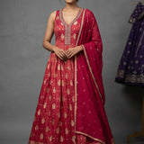 Deep Red Tissue Anarkali Set With Gold Butti & Embroidered Border
