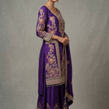 Deep Purple Cotton Palazzo Set With Gold Embroidered Floral & Heavy Border Dupatta