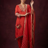 Bright Red Cotton Straight Kurti With Embroidered V-Neckline & Gold Woven Dupatta