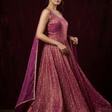 Deep Burgundy Silk Anarkali Set With Gold Butti Embroidery & Scoop Neckline
