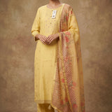 Soft Yellow Cotton Embroidered Straight Cut Suit With Floral Dupatta
