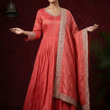 Coral Peach Silk Anarkali Set With Gota Border Embroidery
