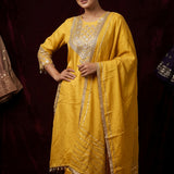 Bright Golden Yellow Straight Kurti With Gold Embroidered Yoke & Straight Pant Set