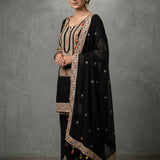 Jet Black Cotton Sharara Set With Gold Embroidered Yoke & Colorful Tassel Dupatta