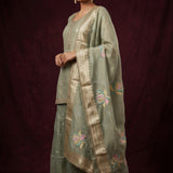 Sage Beige Cotton Palazzo Set With Embroidered Butti & Floral Dupatta