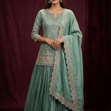 Sage Green Straight Kurti With Embroidered Floral Butti & Palazzo Set