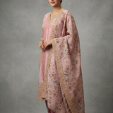 Pastel Pink Tissue Straight Kurti With Embroidered V-Neckline & Floral Dupatta