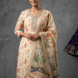 Cream Beige Cotton Kurti With Hand-Painted Kalamkari Floral & Peacock Printed Dupatta