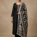 Black Cotton Embroidered Straight Cut Suit With Geometric Print Dupatta