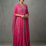 Bright Pink Georgette Indo Western Gown With Embroidered Shawl Cape