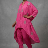 Bright Fuchsia Pink Cotton Indo Western Tunic With All-Over Gold Embroidered Feather Motif