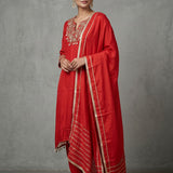 Bright Red Cotton Straight Kurti With Beaded V-Neckline & Gold Striped Dupatta