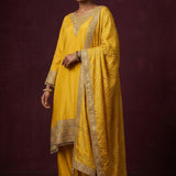 Bright Golden Yellow Cotton Sharara Set With Embroidered Border & All-Over Print Dupatta