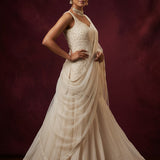 Cream White Georgette Palazzo Set With Chikankari Embroidered Blouse & Shawl