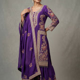 Deep Purple Cotton Palazzo Set With Gold Embroidered Floral & Heavy Border Dupatta