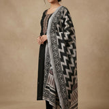 Black Cotton Embroidered Straight Cut Suit With Geometric Print Dupatta