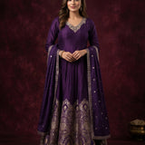 Deep Purple Silk Banarasi Anarkali Set With Woven Dupatta