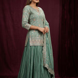 Sage Green Straight Kurti With Embroidered Floral Butti & Palazzo Set