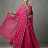 Bright Pink Georgette Indo Western Gown With Embroidered Shawl Cape