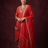 Bright Red Cotton Straight Kurti With Embroidered V-Neckline & Gold Woven Dupatta