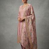 Pastel Pink Tissue Straight Kurti With Embroidered V-Neckline & Floral Dupatta