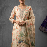 Cream Beige Cotton Kurti With Hand-Painted Kalamkari Floral & Peacock Printed Dupatta