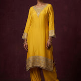 Bright Golden Yellow Cotton Sharara Set With Embroidered Border & All-Over Print Dupatta