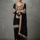 Jet Black Cotton Sharara Set With Gold Embroidered Yoke & Colorful Tassel Dupatta
