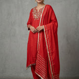 Bright Red Cotton Straight Kurti With Beaded V-Neckline & Gold Striped Dupatta