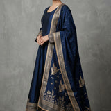Deep Navy Blue Silk Traditional Bridal Gown With Gold Embroidered Shikargah Dupatta
