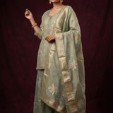 Sage Beige Cotton Palazzo Set With Embroidered Butti & Floral Dupatta