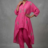 Bright Fuchsia Pink Cotton Indo Western Tunic With All-Over Gold Embroidered Feather Motif