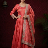 Coral Peach Silk Anarkali Set With Gota Border Embroidery