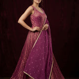 Deep Burgundy Silk Anarkali Set With Gold Butti Embroidery & Scoop Neckline